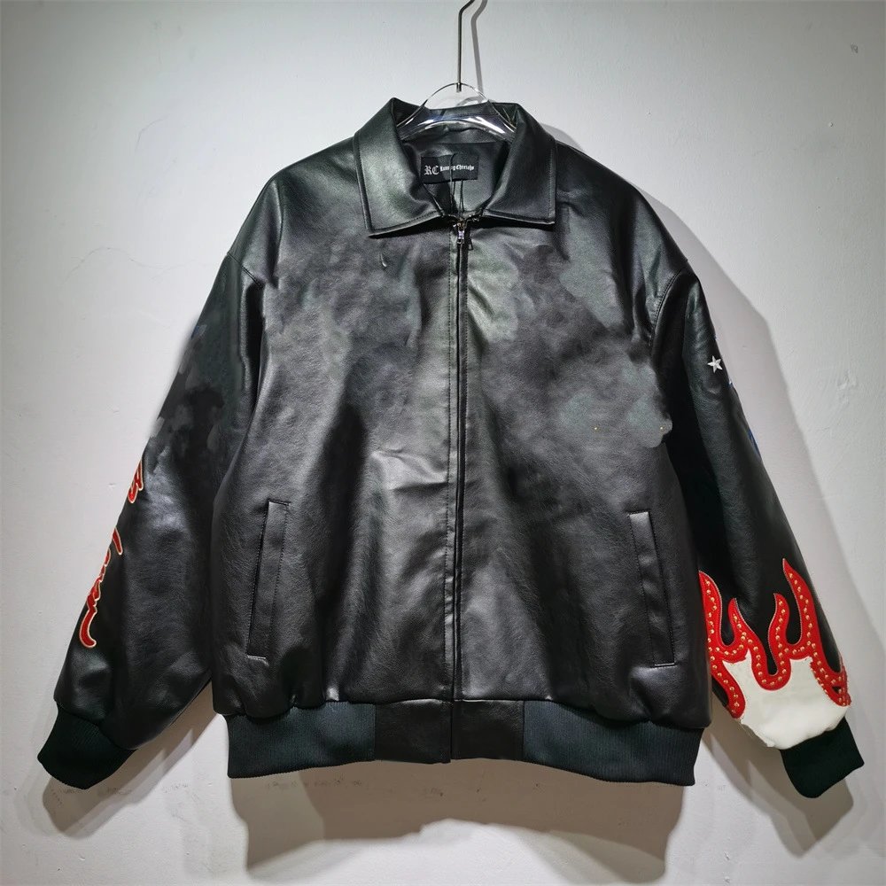 Design RC x Unknown Brand Flame-Embroidered Leather Bomber Jacket Black Leather Jacket - 1