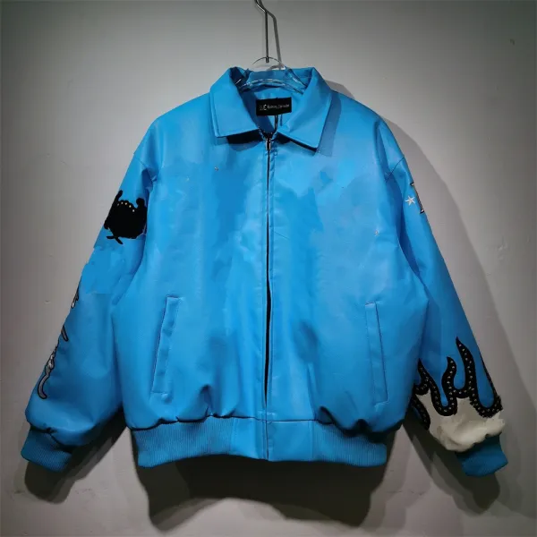 Design Bomber Jacket with Embroidered Flames and Crab Motif in Bright Blue Outerwear.jacket - 1