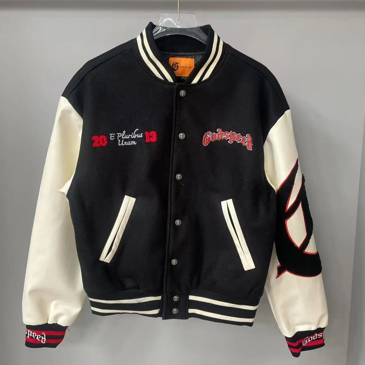 Godspeed Varsity Jacket Black and Cream Embroidered Letterman Jacket Outerwear Jacket - 9