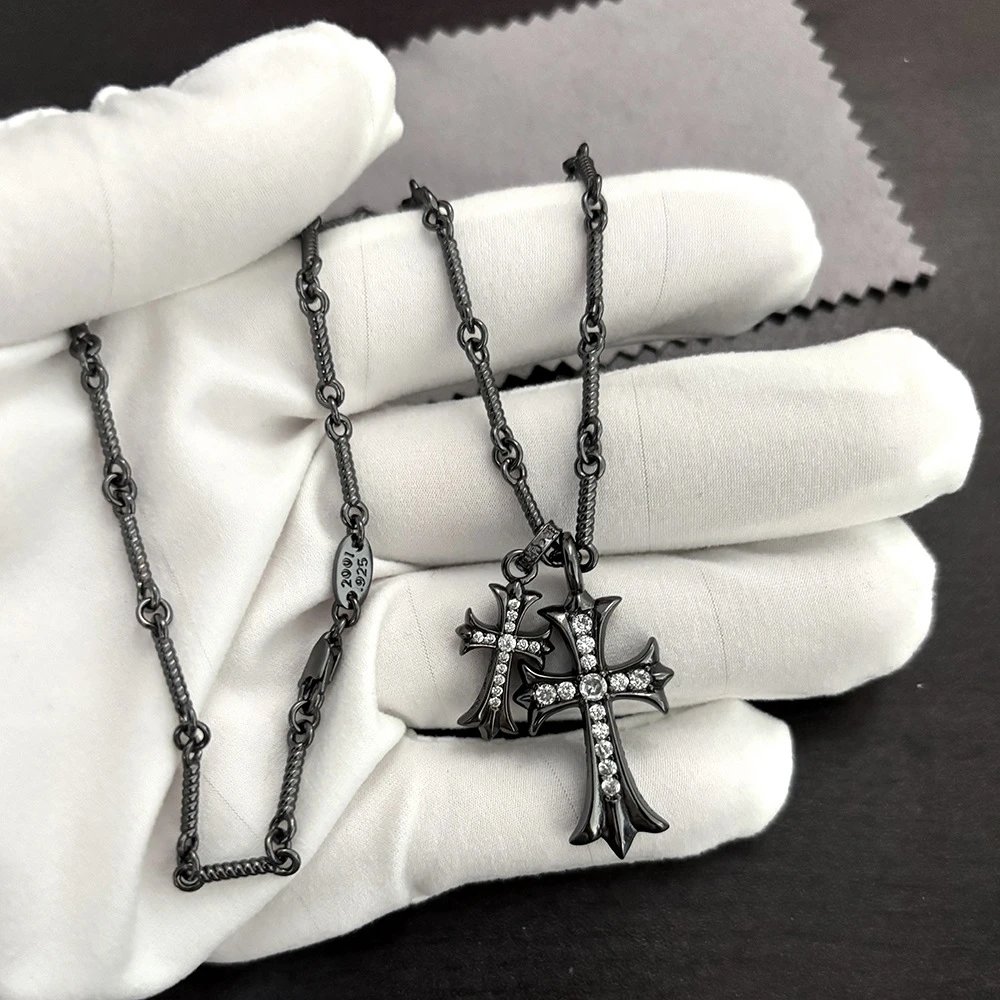 Chrome Hearts Cross Pendant Necklace Black Oxidized Silver Jewelry - 5