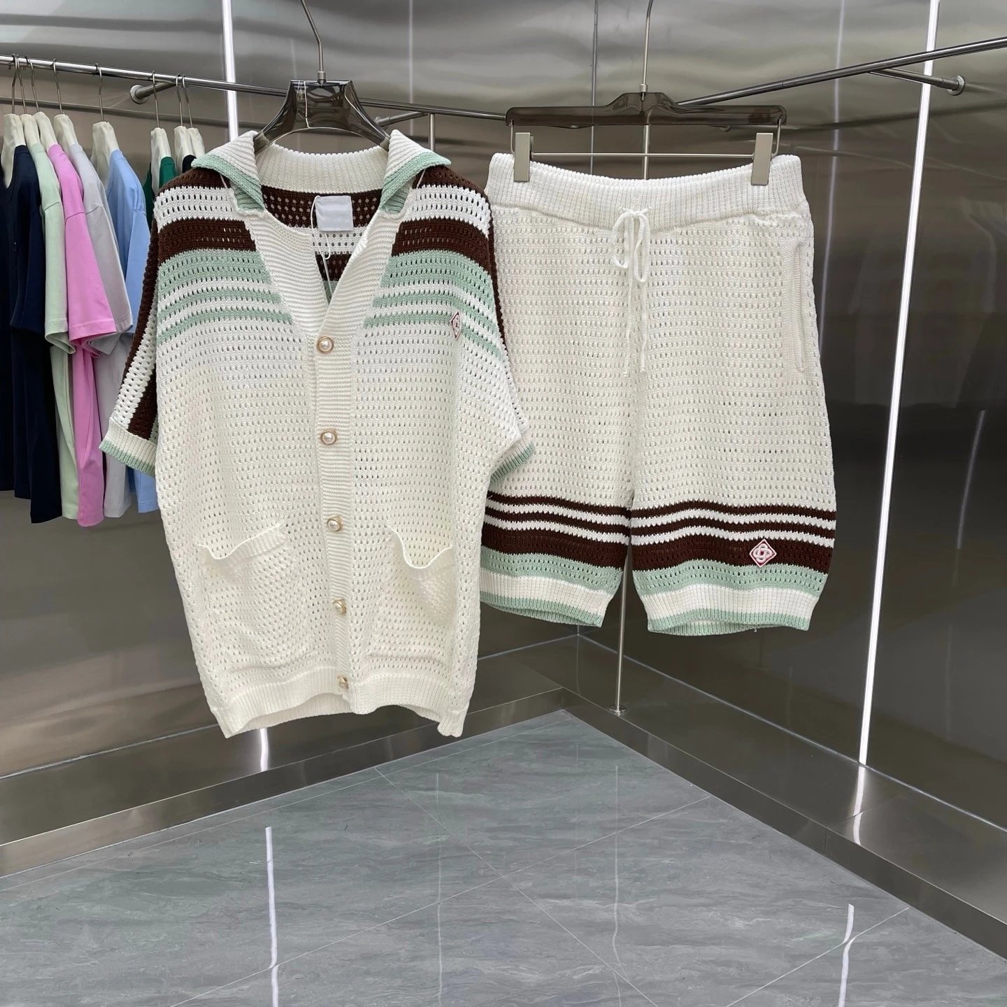 Design Knit Set White Brown Mint Green Crochet Cardigan and Shorts