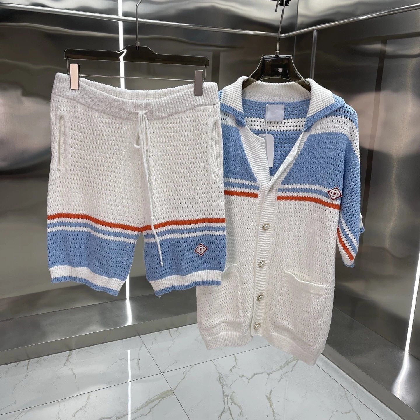 Design Knit Set White Blue Orange Mesh Cardigan and Shorts