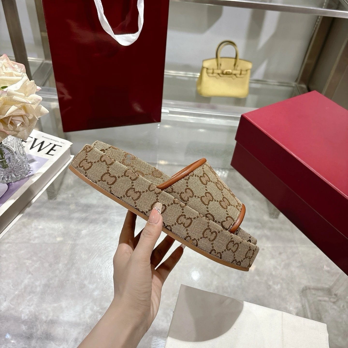 Unbranded Slippers Platform monogram slides — Khaki brown