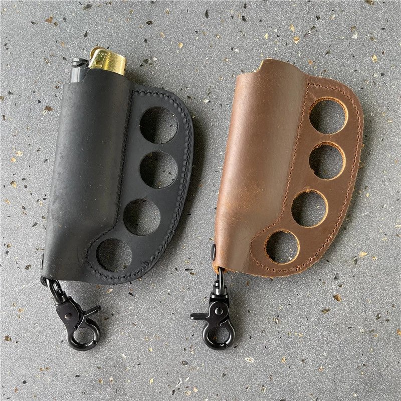 Genuine Leather Self-defense Knuckle Duster, Keychain, Japanese & Korean Style Blackmean Lighter Lea