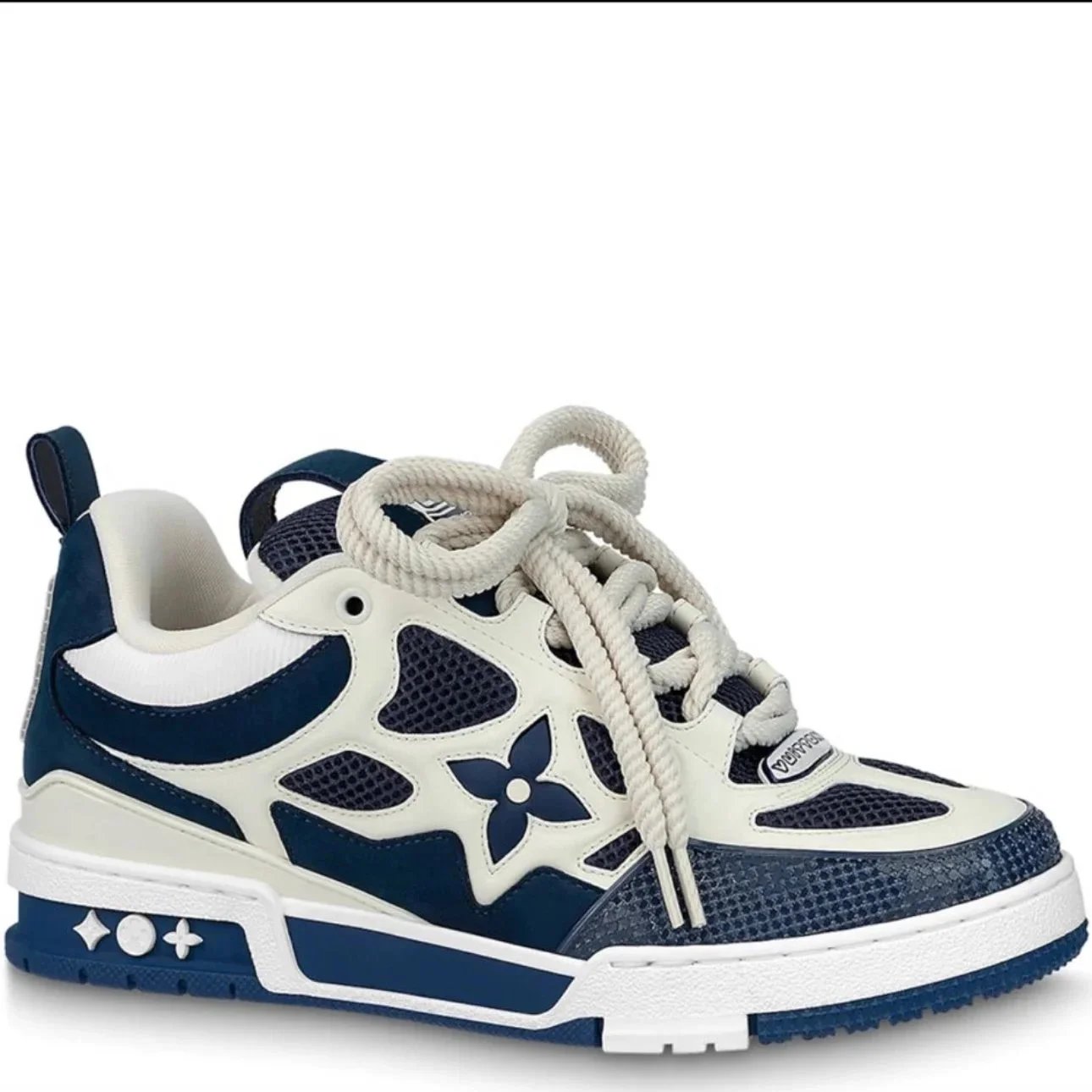 LV ice skates in white and blue