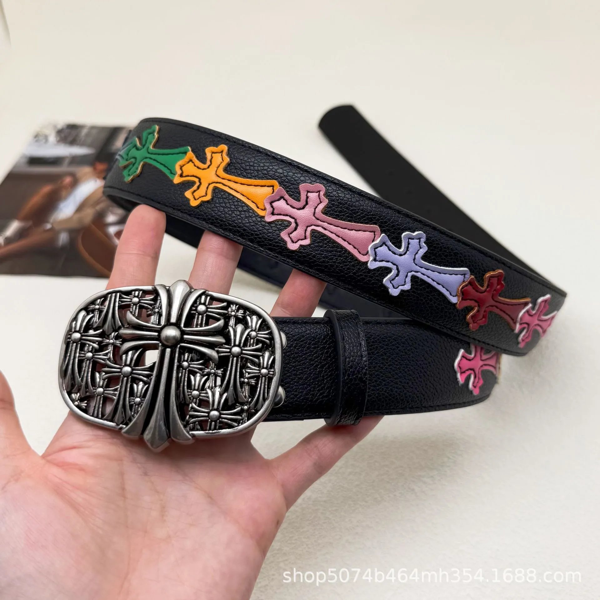 Unbranded Belts Embossed Cross Motif with Decorative Metal Buckle — 36