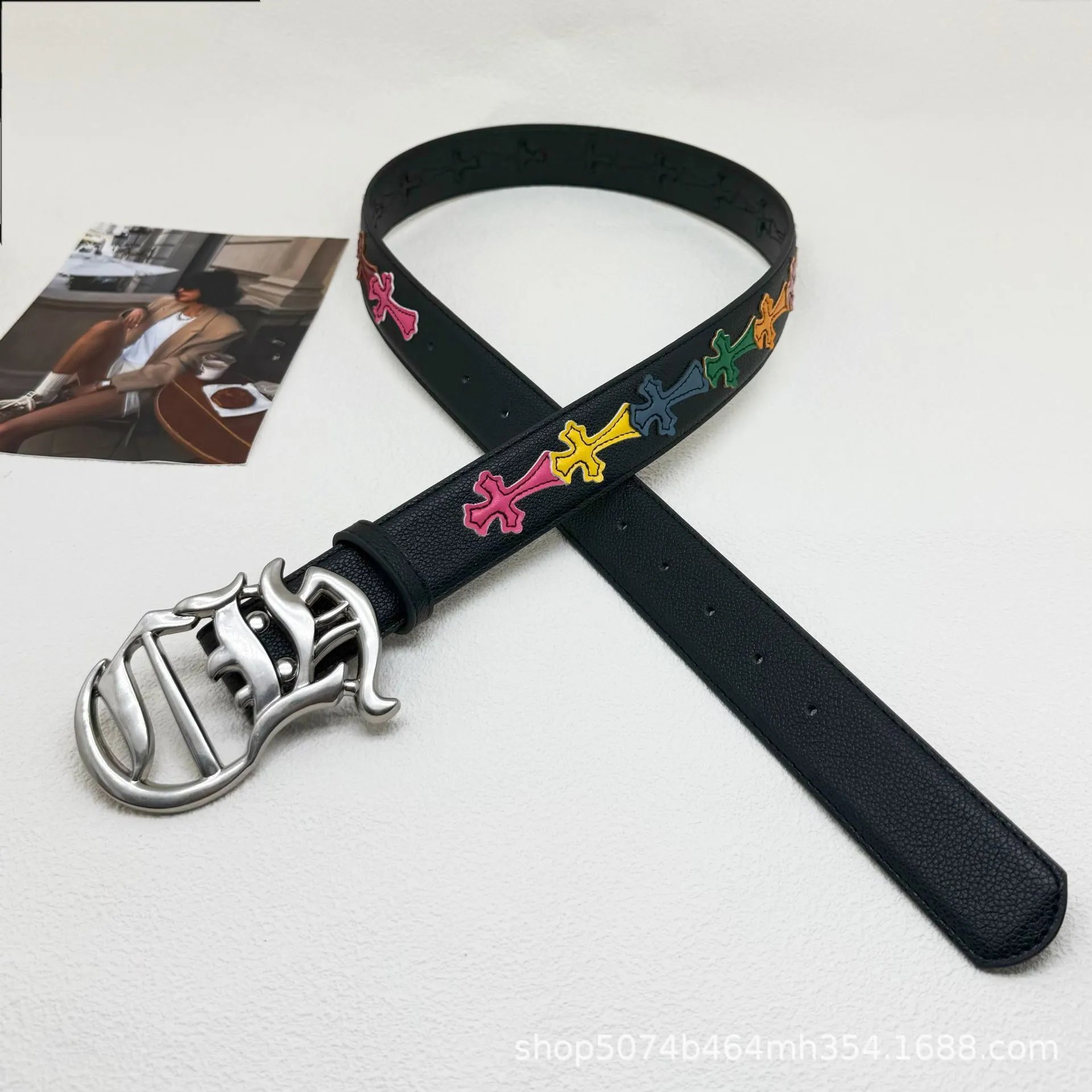 Unbranded Belts Embossed Cross Motif with Decorative Metal Buckle — 38