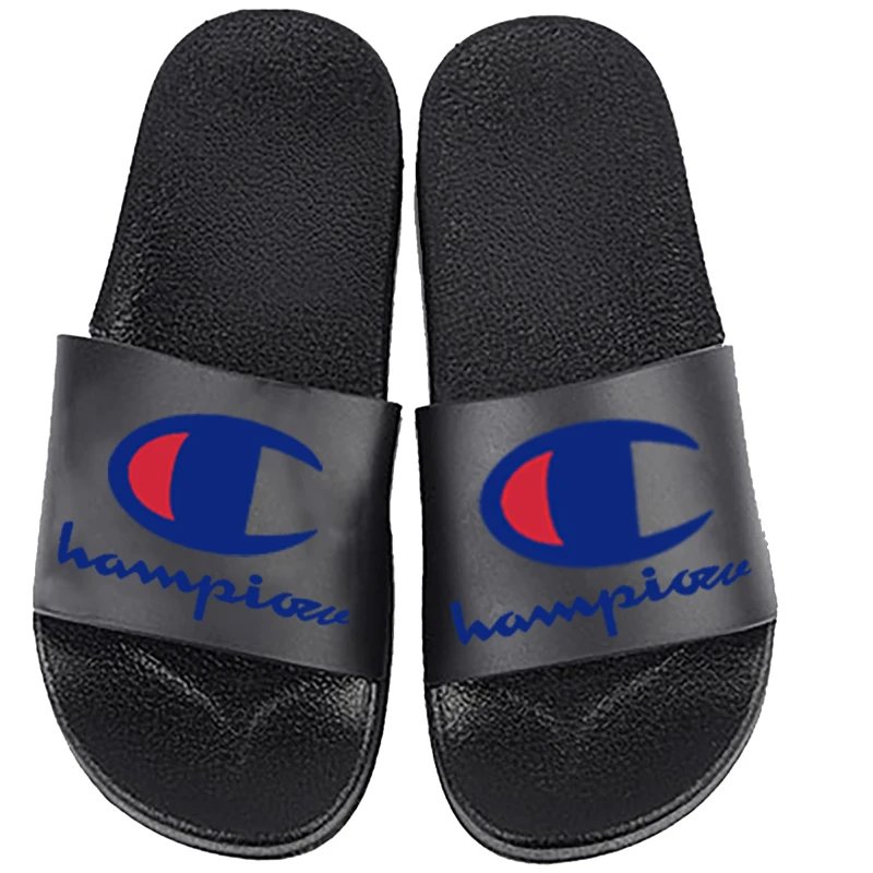 Champion Slide Sandals Black with Blue and Red Logo Slippers