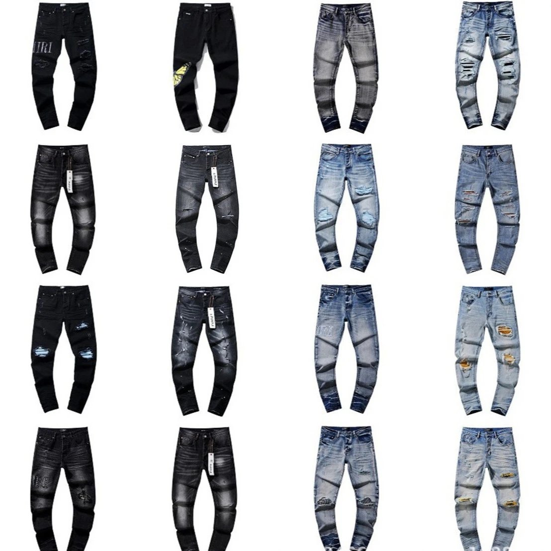 跨境欧美牛仔裤水洗做旧复古破洞泼墨痞帅美式