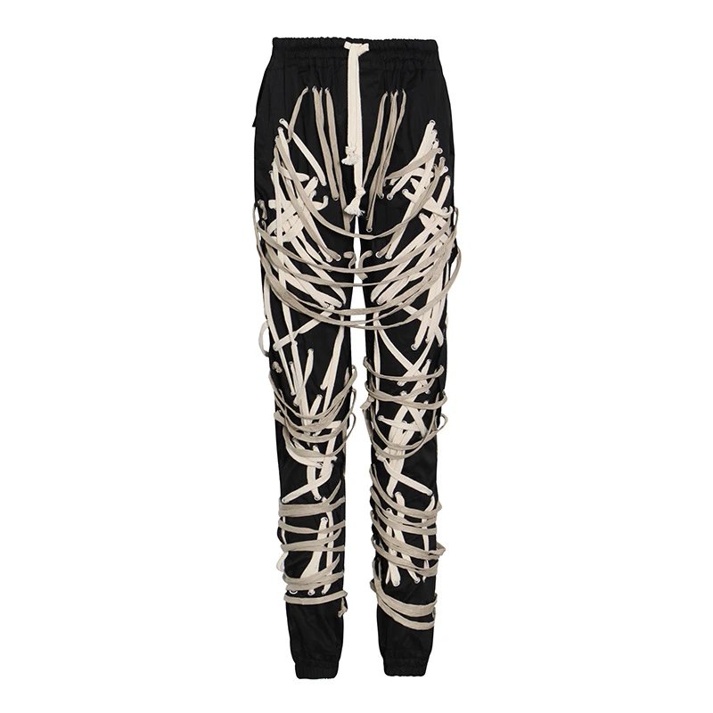 2025秋季新款时尚气质暗黑系绑带撞色拼接高腰显瘦束脚长裤休闲裤