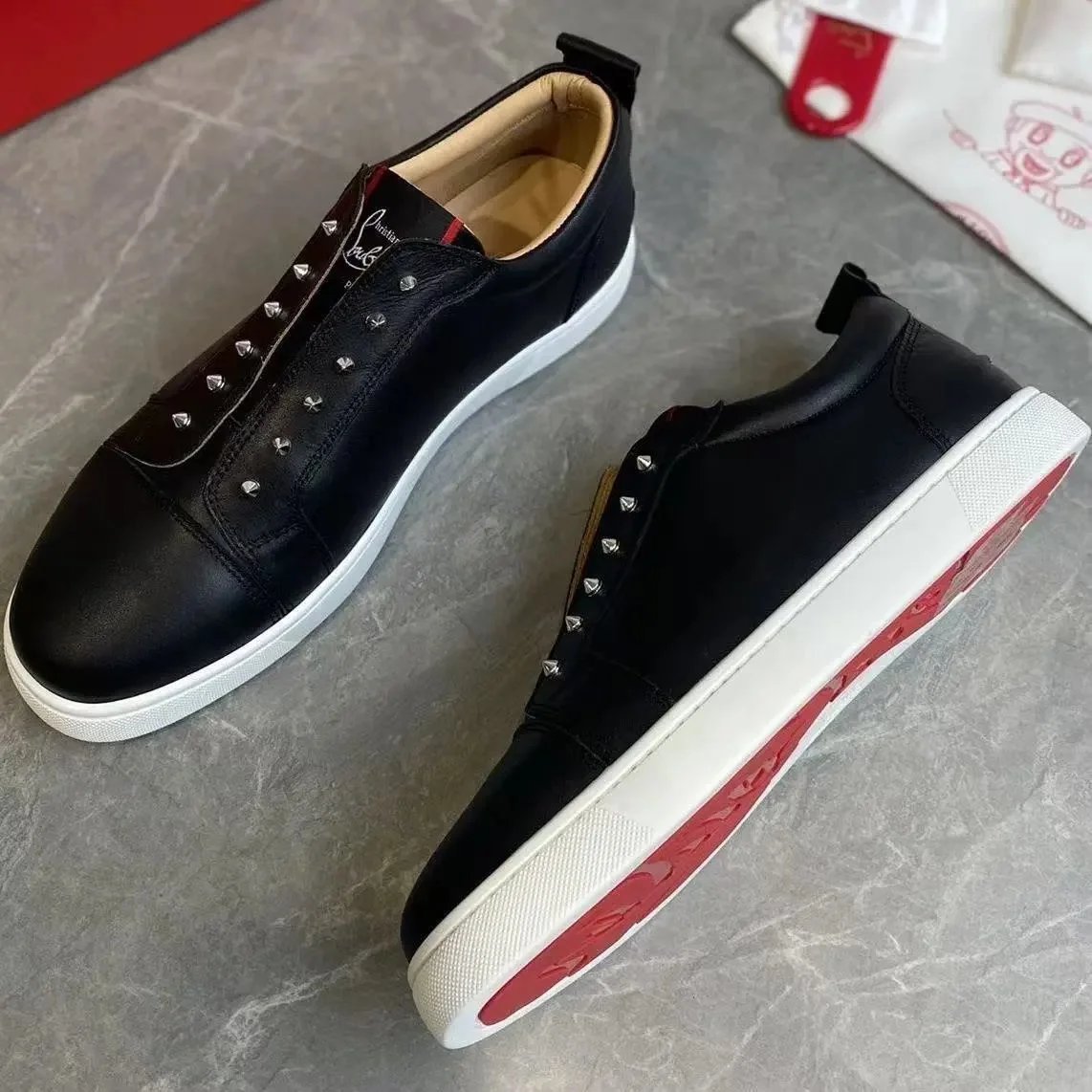 Christian Louboutin F.A.V. Fique A Vontade Black Leather Low Slip-On Silver Spikes