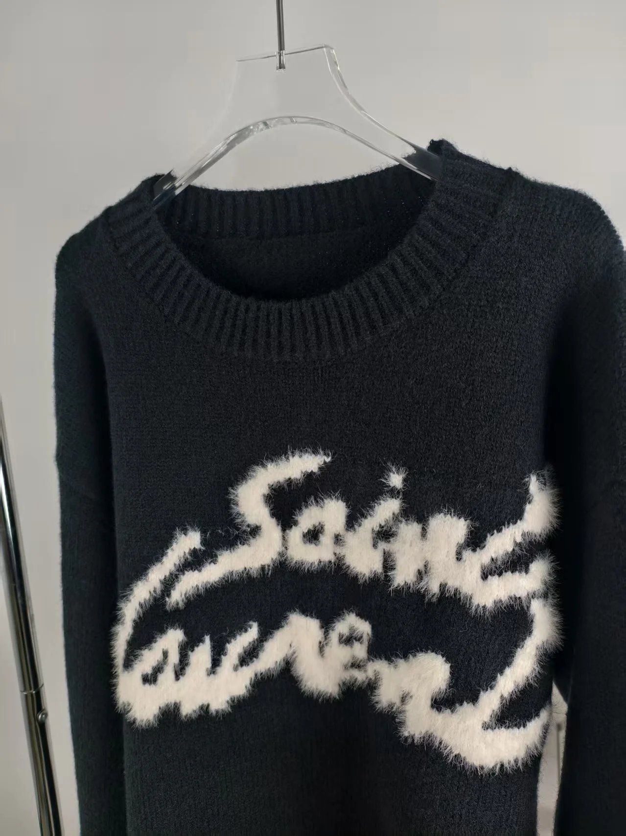 Saint Laurent Logo Intarsia Mohair Sweater Black - 8