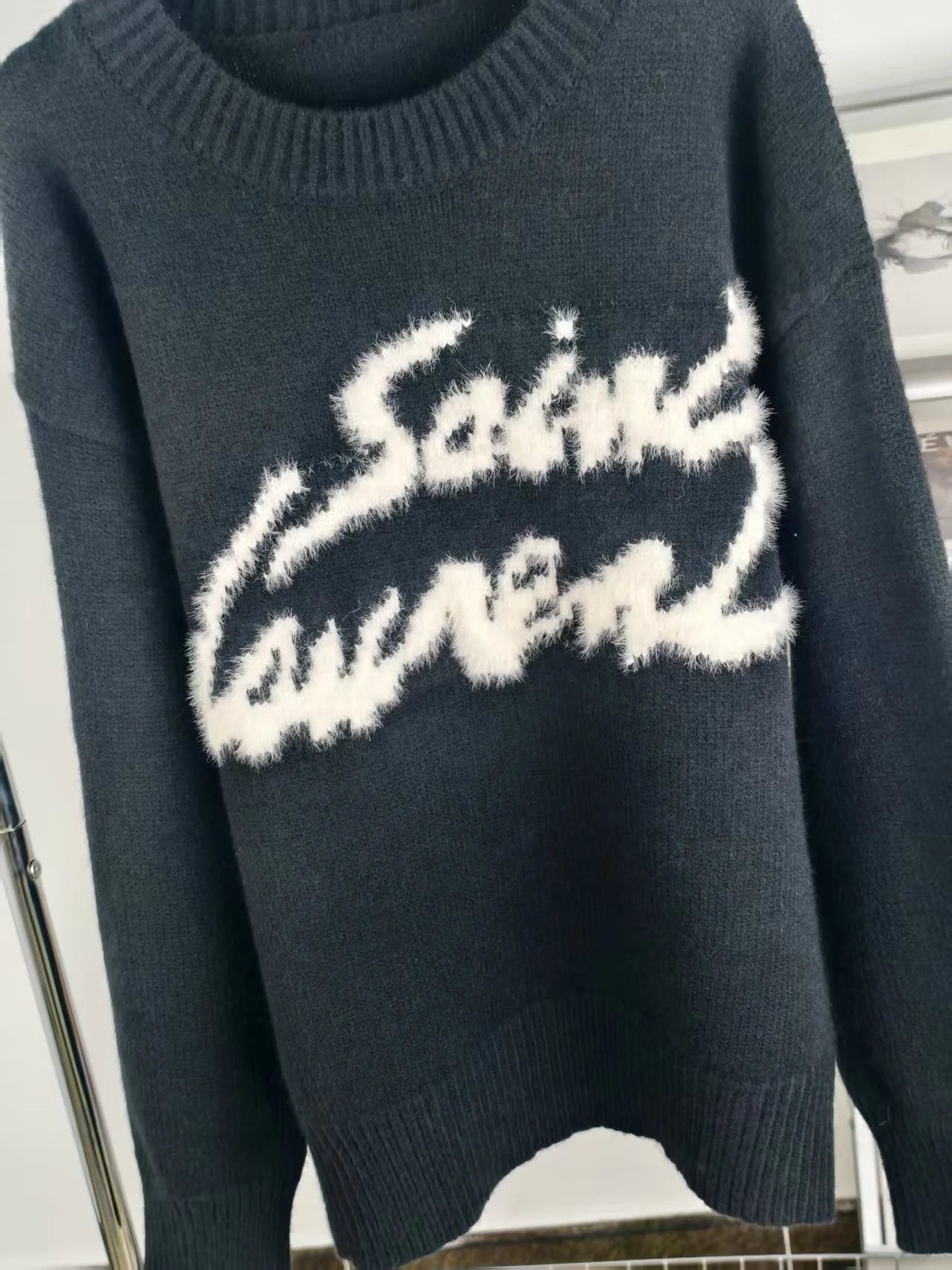 Saint Laurent Logo Intarsia Mohair Sweater Black - 7