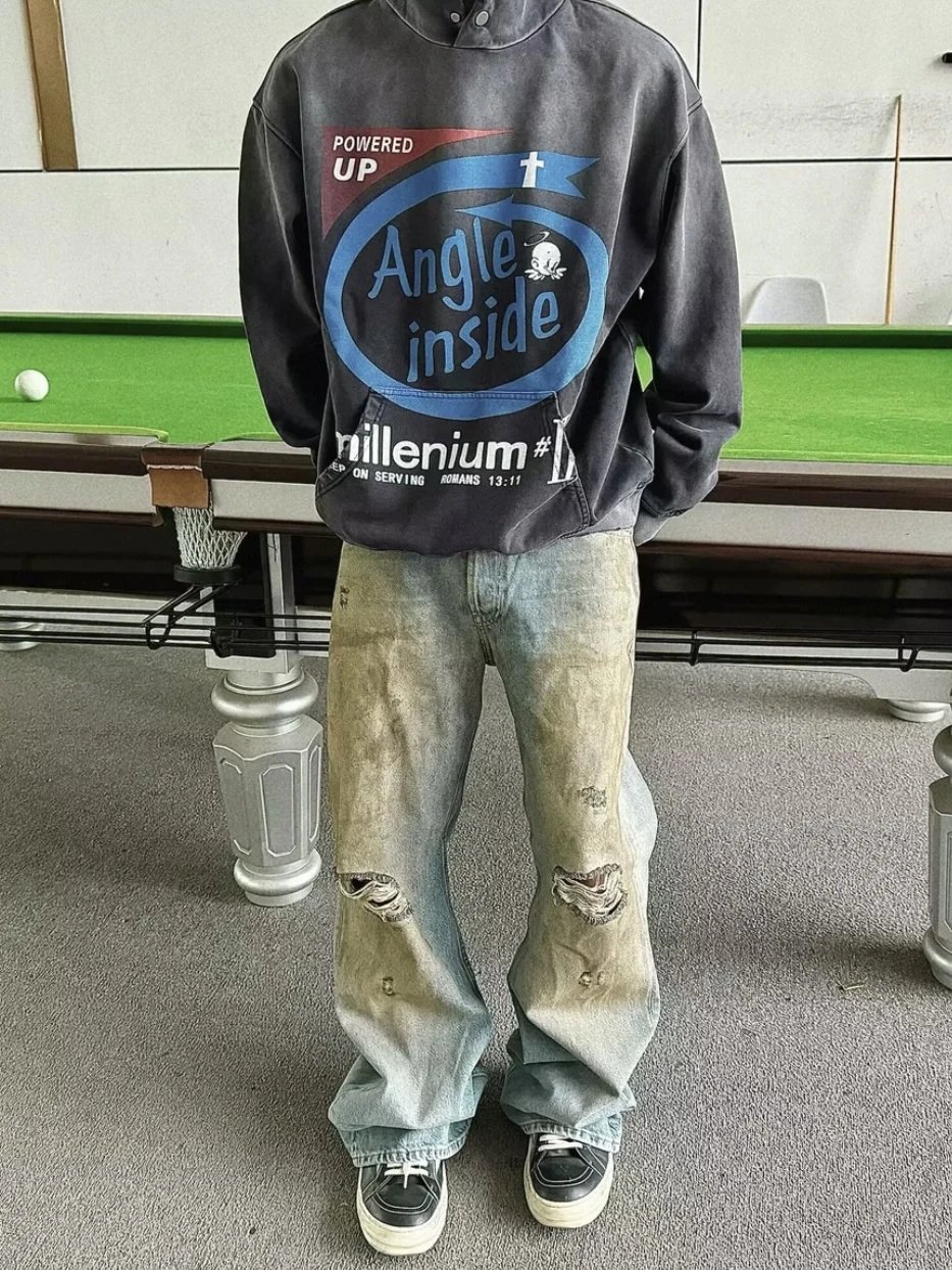 Angle Inside Millennium#1 Hoodie Gray Distressed Jeans Black Sneakers - 5