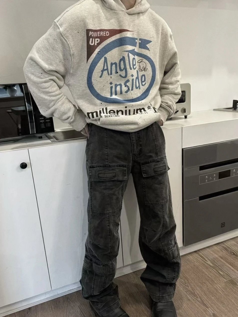 Angle Inside Millennium#1 Hoodie Gray Distressed Jeans Black Sneakers - 6