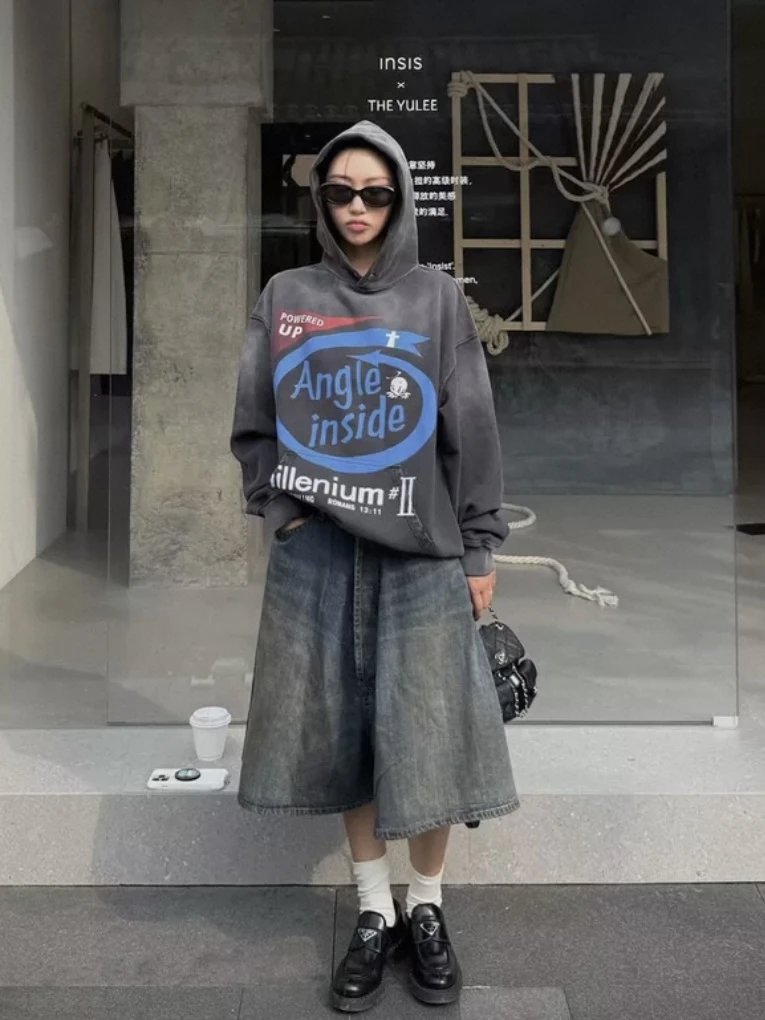 Angle Inside Millennium#1 Hoodie Gray Distressed Jeans Black Sneakers - 9