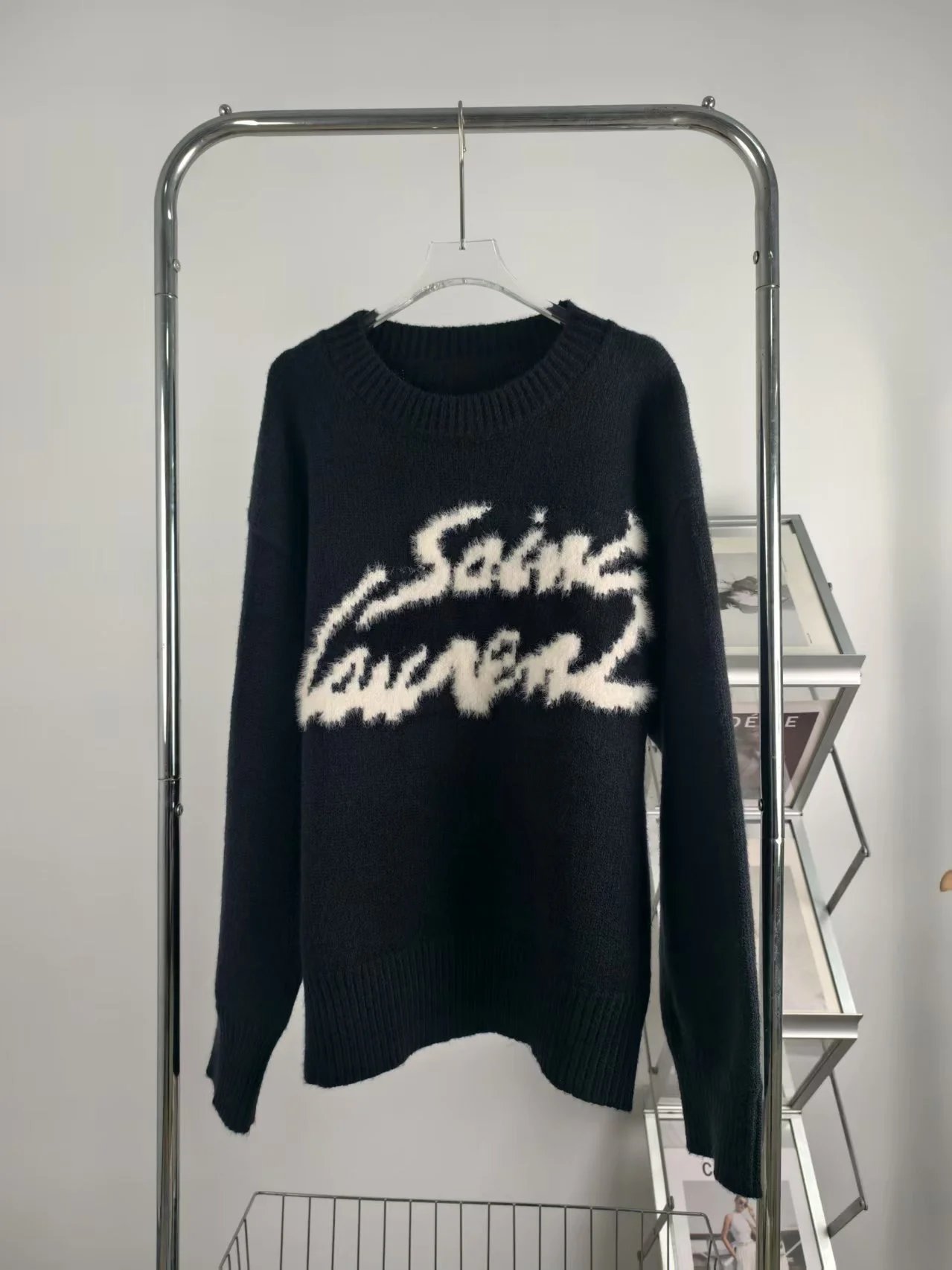 Saint Laurent Logo Intarsia Mohair Sweater Black - 5
