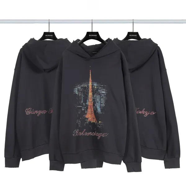 Balenciaga Distressed Graphic Hoodie Black/Gray/White/Army Green/Light Blue Multicolor - 23