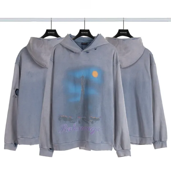 Balenciaga Distressed Graphic Hoodie Black/Gray/White/Army Green/Light Blue Multicolor - 29