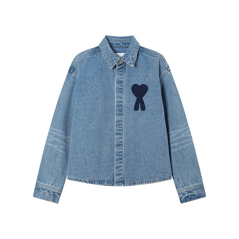 Ami Paris Heart Embroidered Denim Shirt Blue