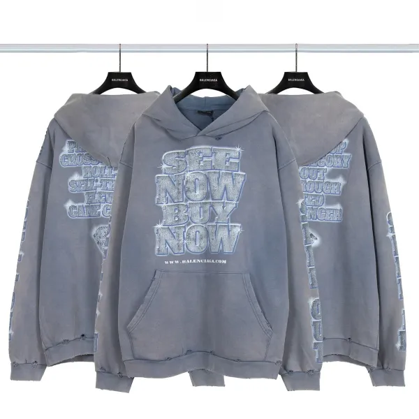 Balenciaga Distressed Graphic Hoodie Black/Gray/White/Army Green/Light Blue Multicolor - 22