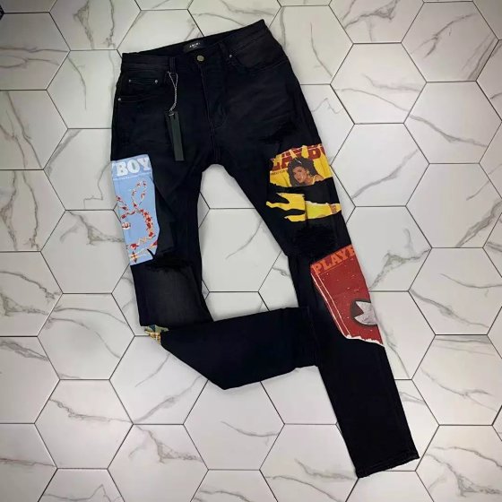 Gaorl New Collection Washed Distressed Co-branded Poster Print Black Jeans with Stretch Slim Fit High Street AMIRI