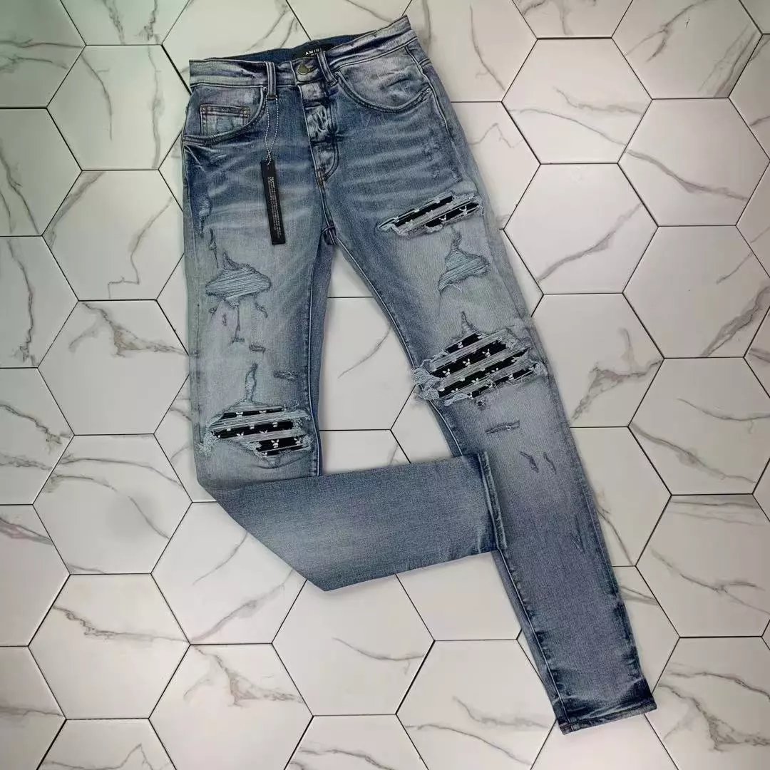 Gaorl new collaboration MX1 washed, distressed, black patchwork, blue jeans, high street ins style AMIRI