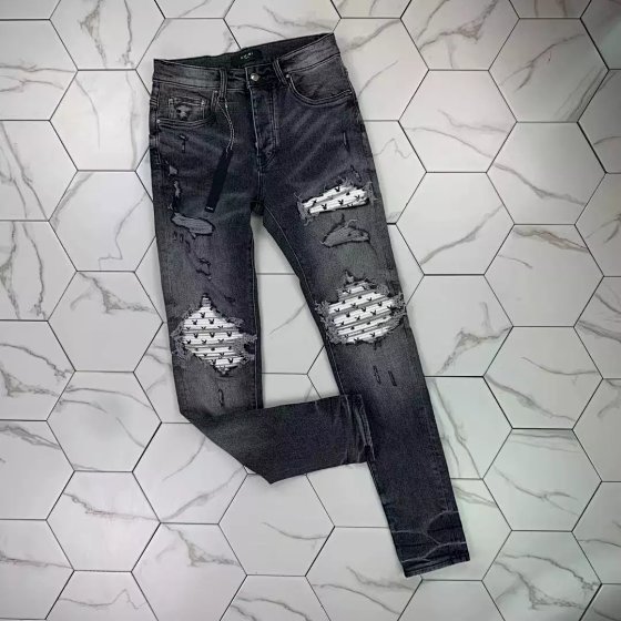 Gaorl's new collaboration MX1 washed and distressed white patchwork gray jeans, high street ins style AMIRI