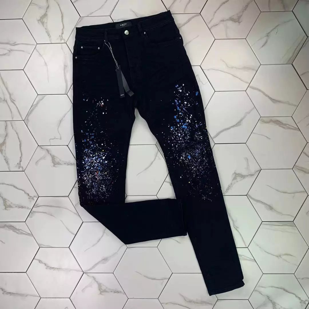 Gaorl's new washed, distressed, starry sky splattered black knife cut jeans with micro elasticity and slim fit, high street AMIRI