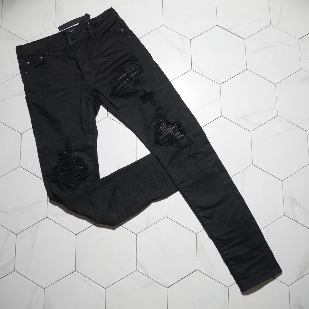 Gaorl washed vintage classic MX1 black patchwork leather with big damage elastic denim pants high street ins style AMIRI