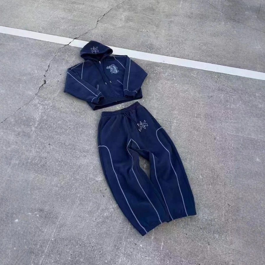 Navy Blue Embroidered Logo Hoodie And Jogger Set Streetwear