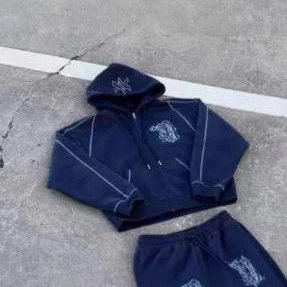 Navy Blue Embroidered Logo Hoodie And Jogger Set Streetwear