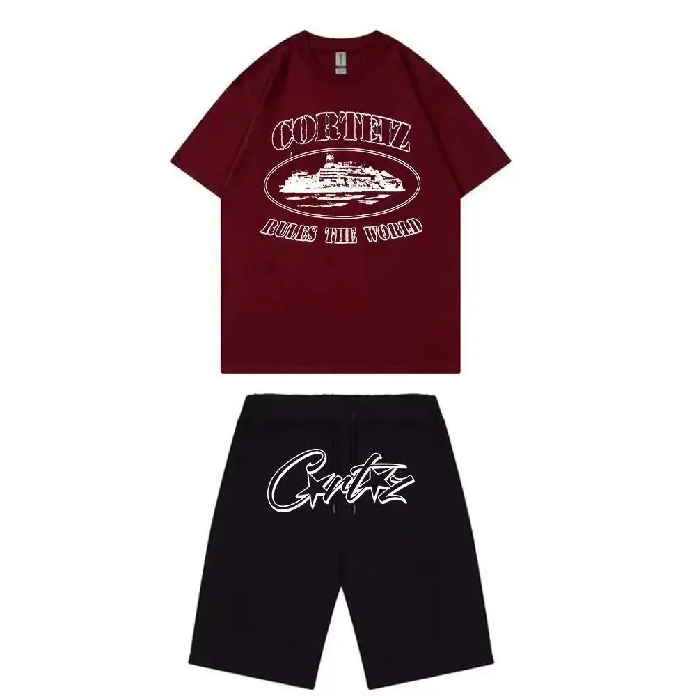 Corteiz 'Rules The World' Burgundy T-Shirt and Black Shorts Set - 1