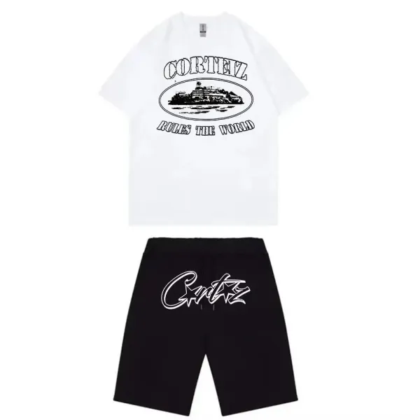 Corteiz Rules The World Graphic T-Shirt and Logo Shorts Set White/Black - 1