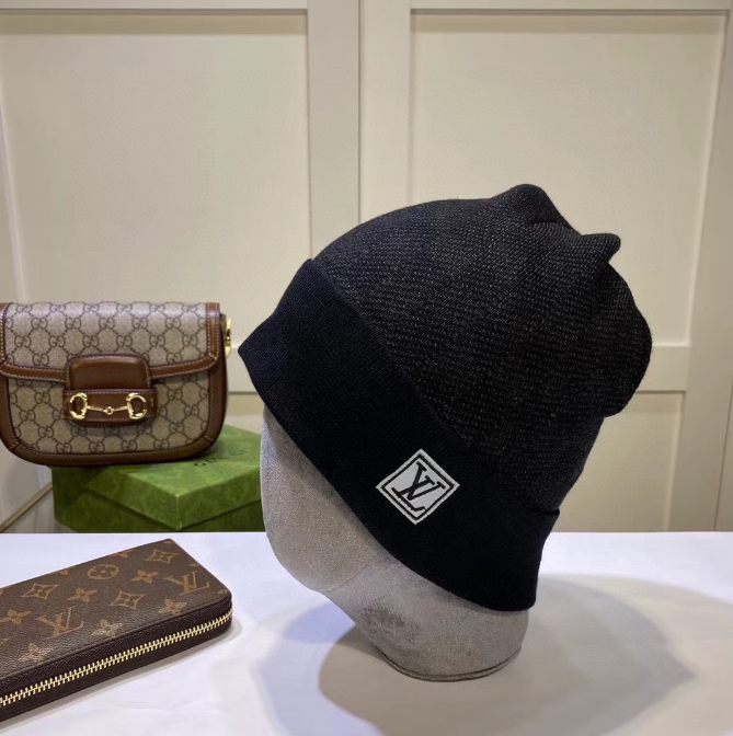 Louis Vuitton Monogram Canvas Pochette and GG Marmont Mini Bag with Blue Checkered Beanie - 3