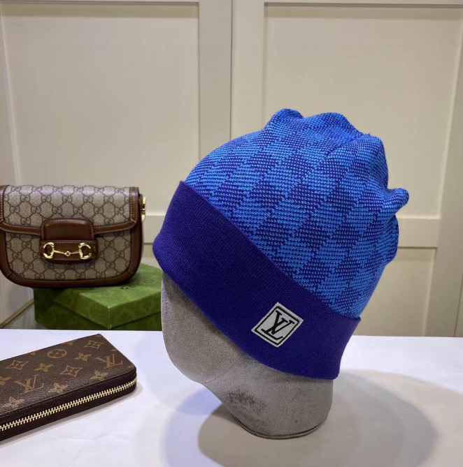 Louis Vuitton Monogram Canvas Pochette and GG Marmont Mini Bag with Blue Checkered Beanie - 6