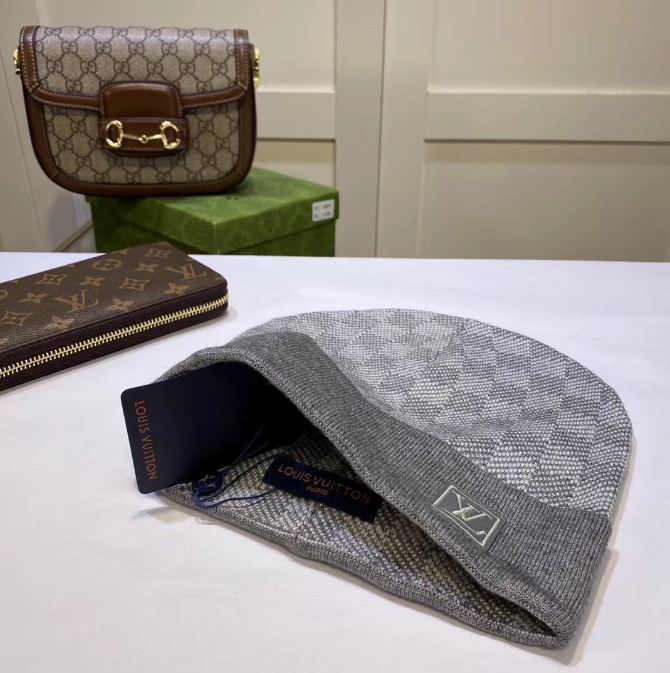 Louis Vuitton Monogram Canvas Pochette and GG Marmont Mini Bag with Blue Checkered Beanie - 9