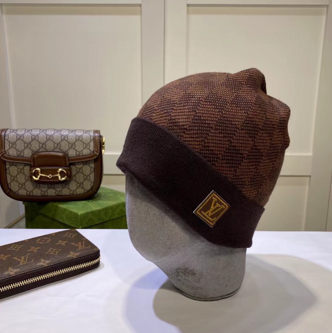 Louis Vuitton Monogram Canvas Pochette and GG Marmont Mini Bag with Blue Checkered Beanie - 4