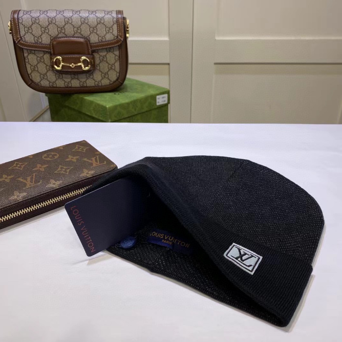 Louis Vuitton Monogram Canvas Pochette and GG Marmont Mini Bag with Blue Checkered Beanie - 8