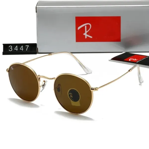 Ray-Ban Round Metal Gold Brown Sunglasses - 1
