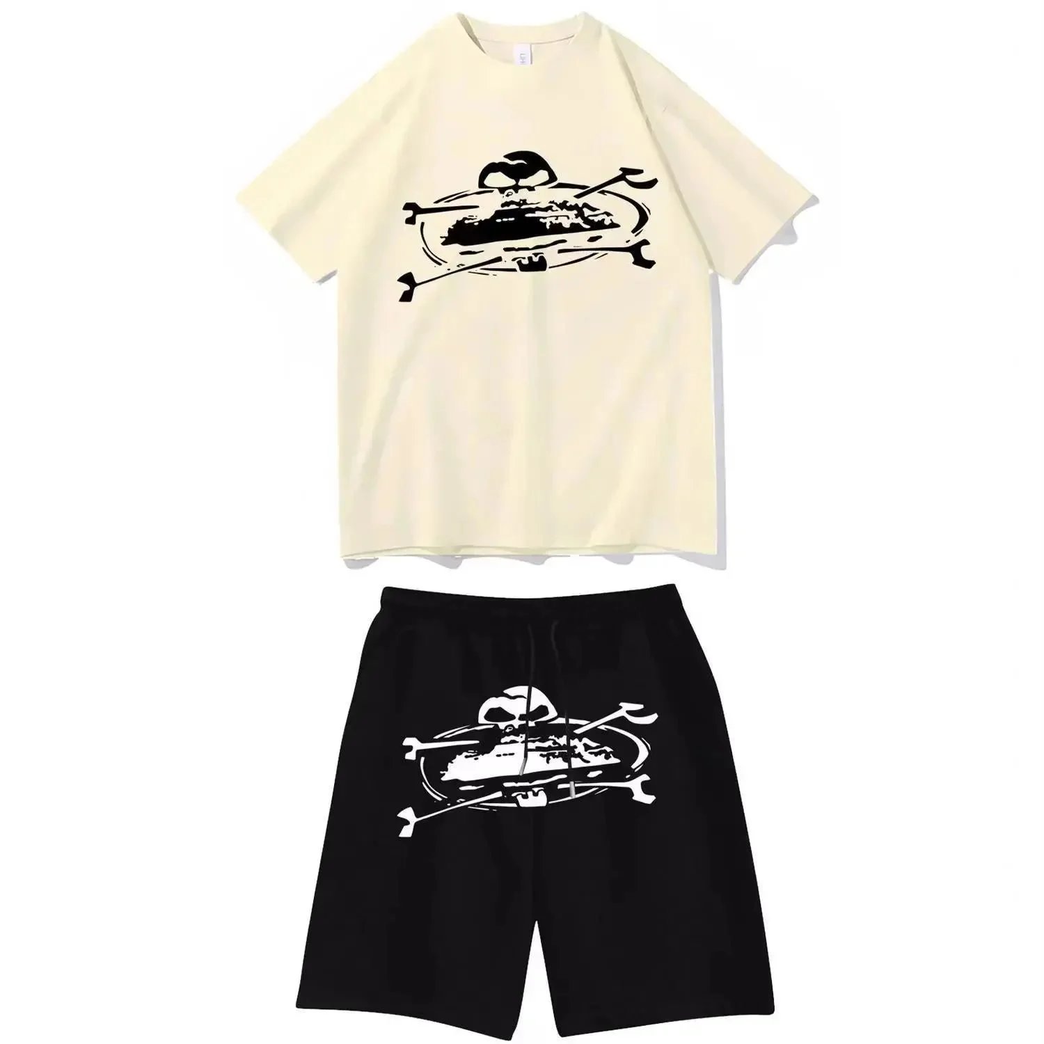 Skull & Crossbones Graphic Set Beige T-Shirt and Black Shorts - 1