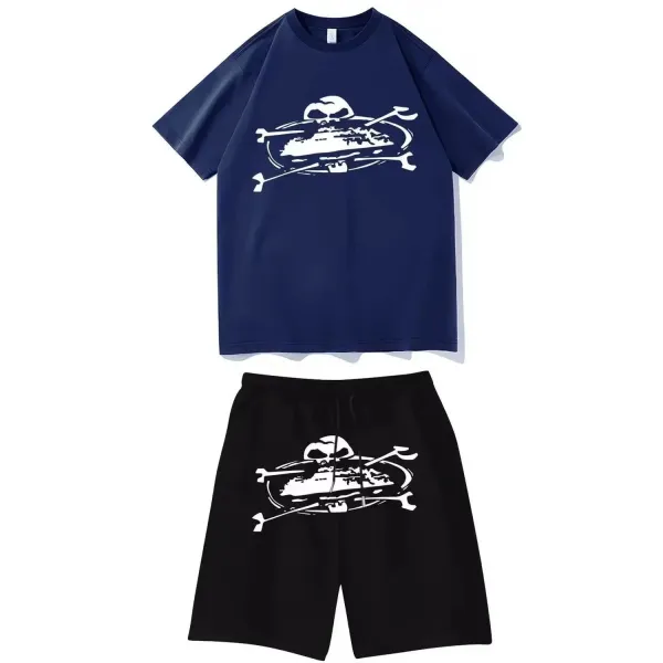Design Skull & Crossbones Graphic Set Navy T-Shirt and Black Shorts - 1