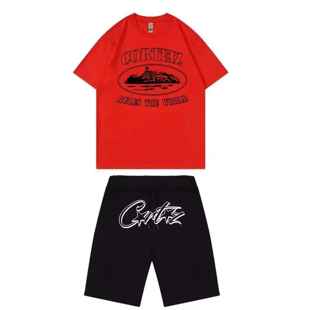 Corteiz Red Graphic T-Shirt and Black Logo Shorts Set - 1