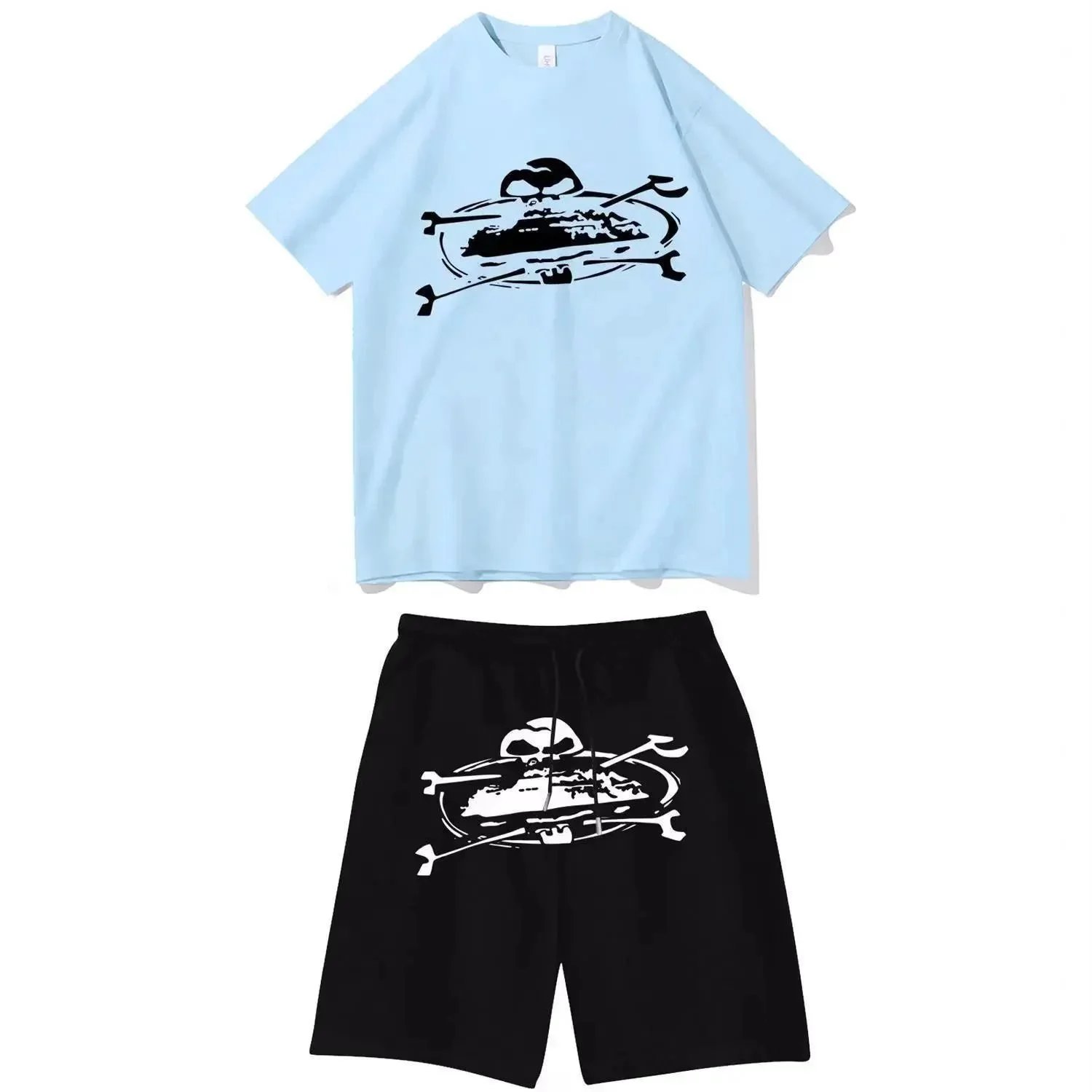 Design Skull & Crossbones Graphic Set: Light Blue T-Shirt and Black Shorts - 1