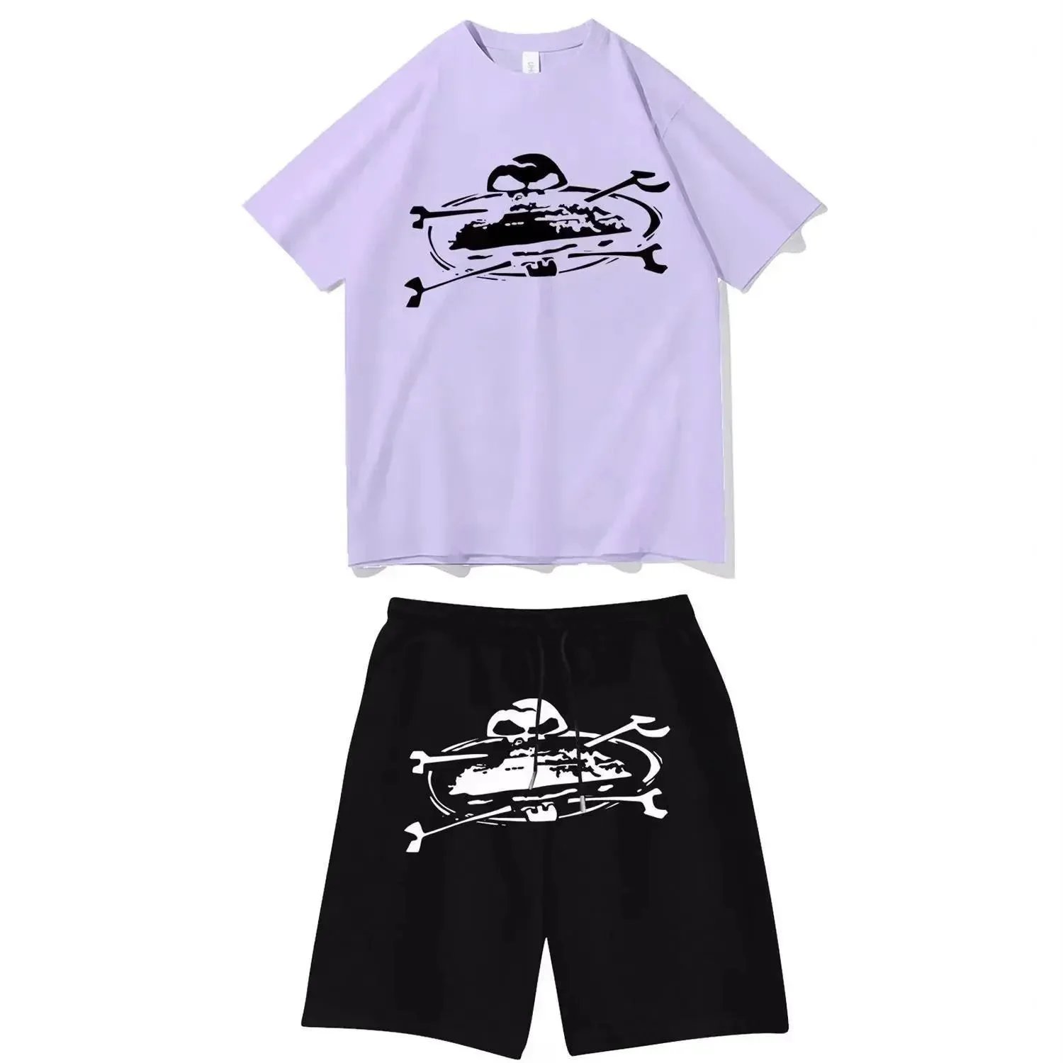 Design Skull & Crossbones Graphic Set: Lavender T-Shirt and Black Shorts - 1