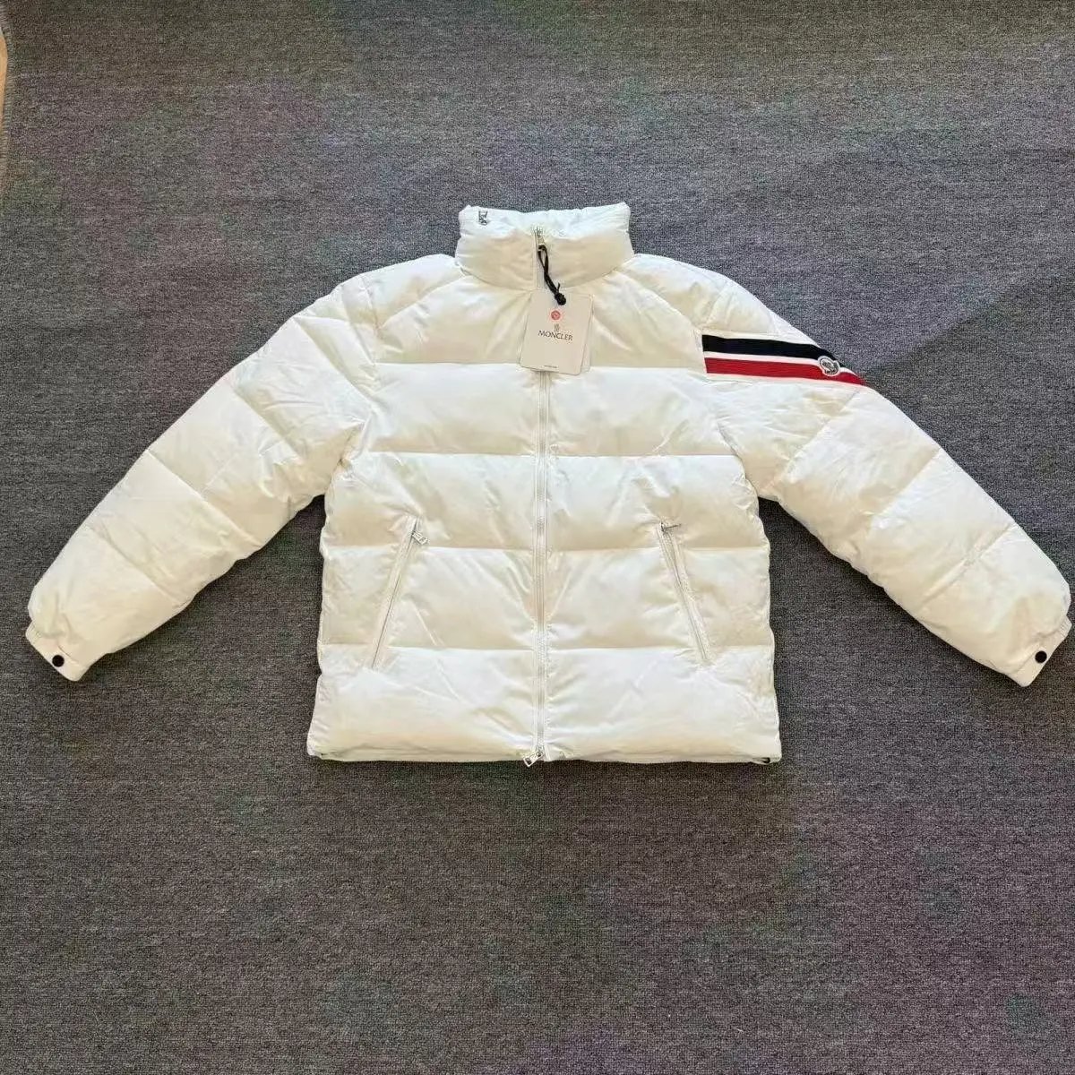 White Moncler Down Jacket with Red Blue Stripe Sleeve