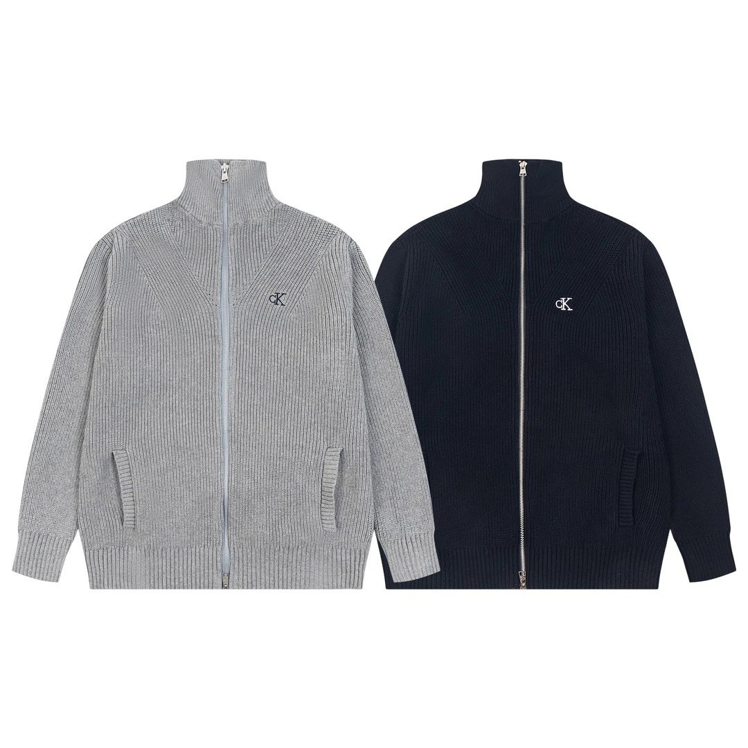 CK Ribbed Zip-Up Sweater Jacket in Grey and Navy