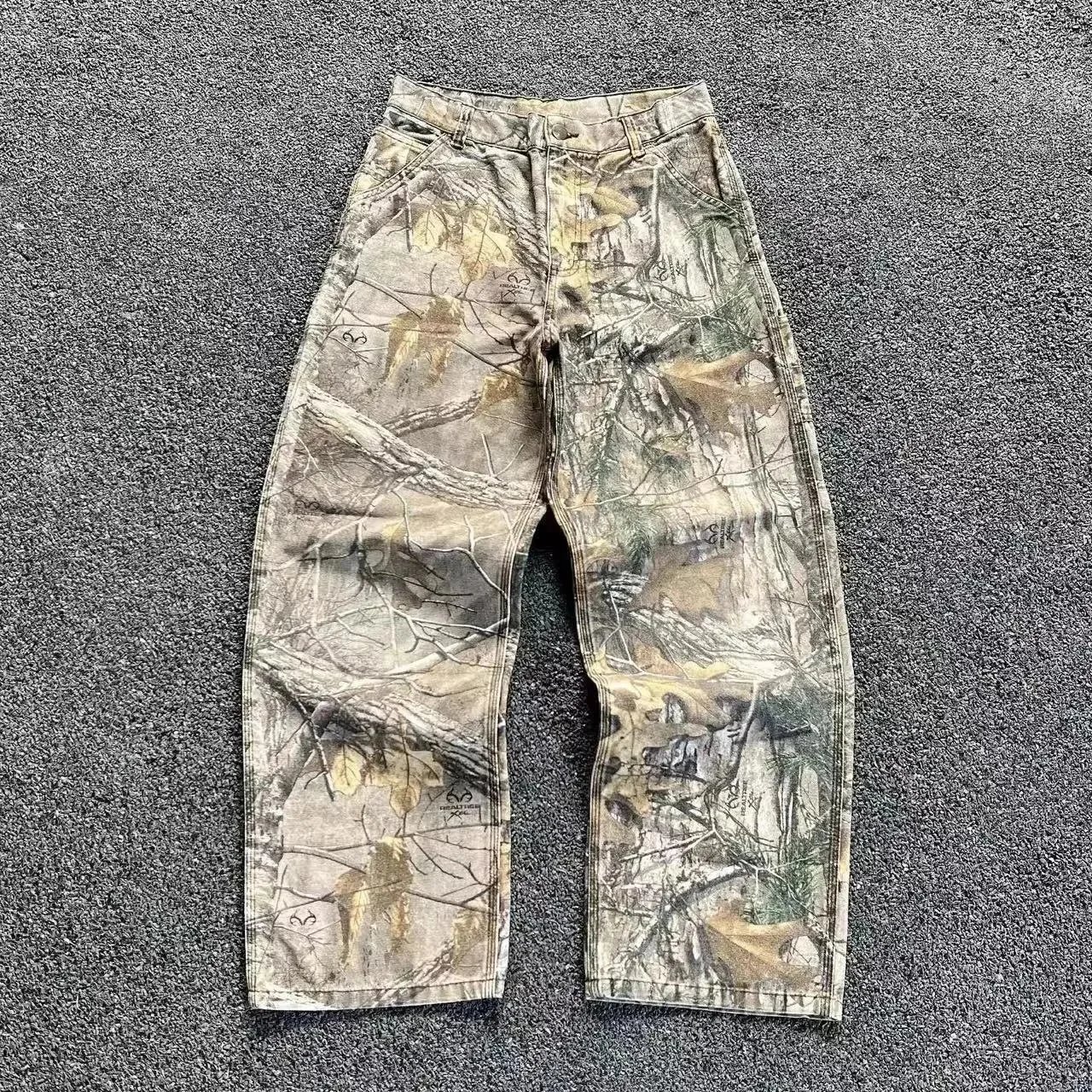 2025 Summer New Retro Leisure Versatile Branch Camo Pants Washed and Used Work Pants