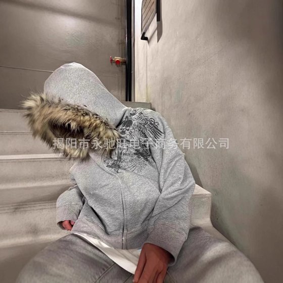 Patterned Hoodie Streetwear American Retro Fleece Hooded Zip-Up Hip-Hop Print