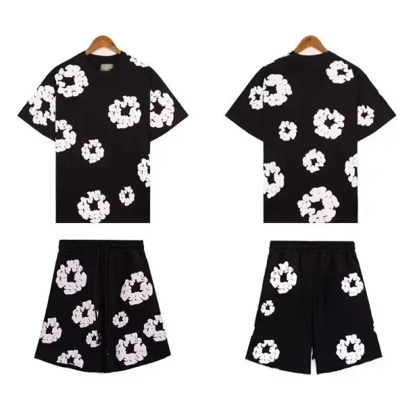Off-White Floral Print Black T-Shirt and Shorts Set - 1